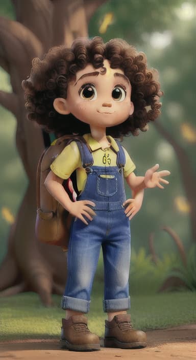  {The tree with a twinkling eye, while its leaves gently rustle., Riley, a curious with big brown eyes and curly hair, wearing overalls and carrying a small backpack. Their friend, Skye, a bluebird with shiny feathers.