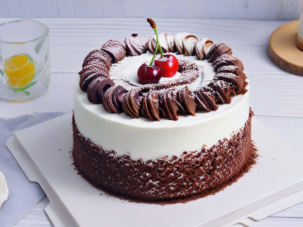  A closeup, ultradetailed image of a freshly baked Black Forest cake, showcasing layers of rich chocolate sponge, whipped cream, cherries, and chocolate shavings, all elegantly presented on a simple, white porcelain plate. The cake is adorned with a single vibrant red cherry on top, with a dusting of cocoa powder creating a mesmerizing pattern on the pristine white background. The glossy sheen of the chocolate and the lush, vibrant red of the cherries create a visually striking contrast, inviting the viewer to indulge in the decadent sweetness of this iconic German dessert. hyperrealistic, full body, detailed clothing, highly detailed, cinematic lighting, stunningly beautiful, intricate, sharp focus, f/1. 8, 85mm, (centered image composition), (professionally color graded), ((bright soft diffused light)), volumetric fog, trending on instagram, trending on tumblr, HDR 4K, 8K