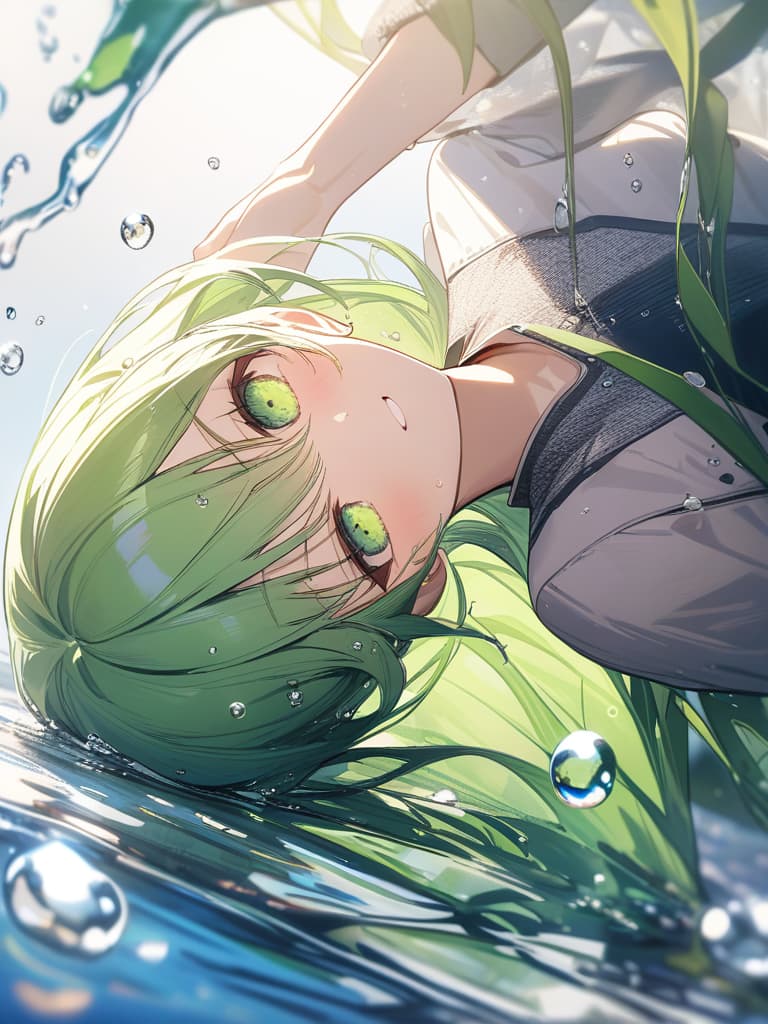  Green hair character in a large droplet drip, green hair in "water drops", masterpiece, best quality,8k,ultra detailed,high resolution,an extremely delicate and beautiful,hyper detail