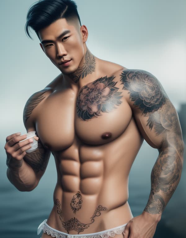 muscle, tattooed Chinese beautiful boy with white lace and yellow hair in river， whole dorsal body，chest hair hyperrealistic, full body, detailed clothing, highly detailed, cinematic lighting, stunningly beautiful, intricate, sharp focus, f/1. 8, 85mm, (centered image composition), (professionally color graded), ((bright soft diffused light)), volumetric fog, trending on instagram, trending on tumblr, HDR 4K, 8K