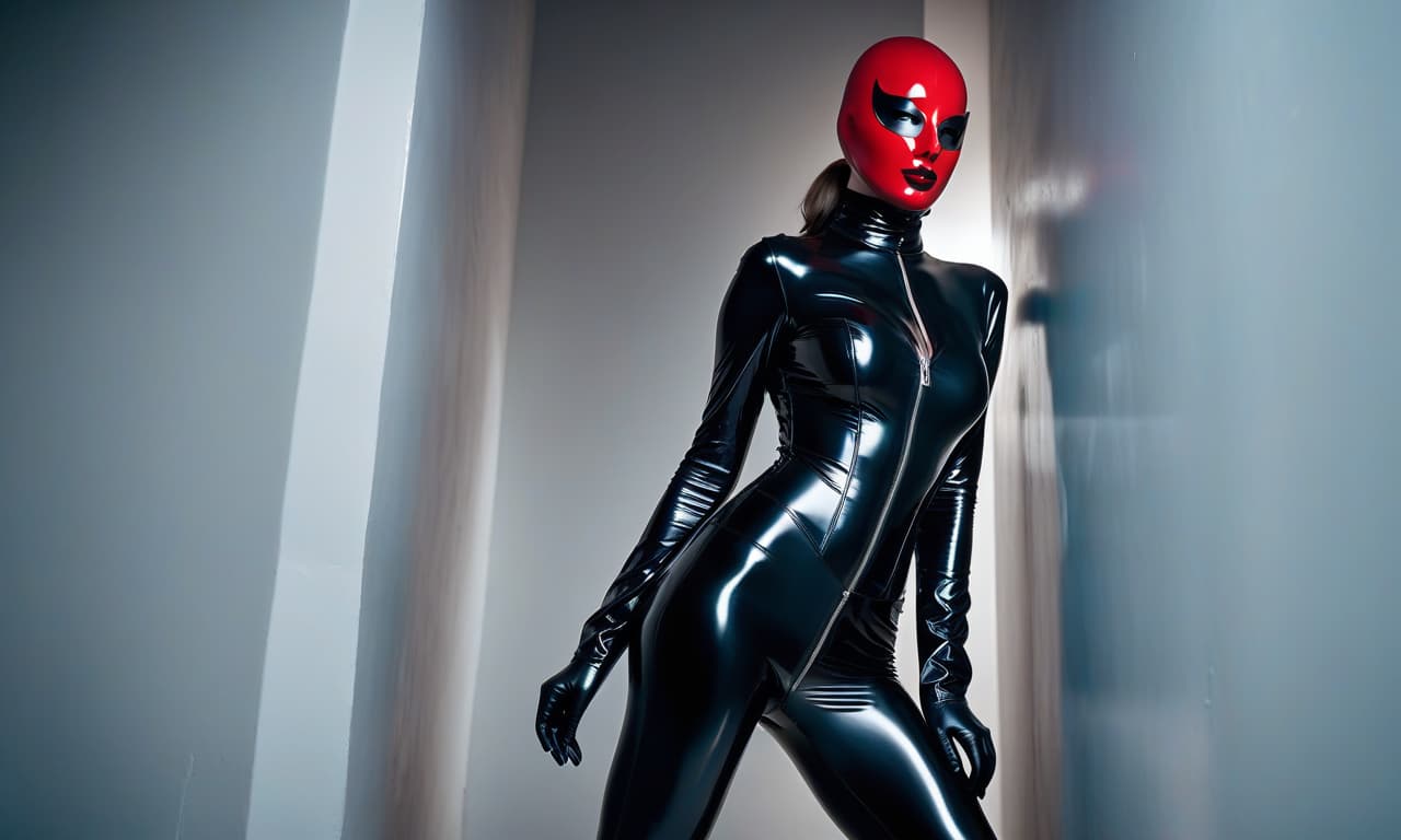  cinematic film still 4K, A Strict Mistress, tall, pale skin, vividly painted eyes, plump red lips, standing by the wall in a shiny black latex costume tightly hugging her body. A tight latex mask covers her entire head and face on her head. Gloves are visible. Her legs are visible in high heel boots, a white corset (dark shot: 1.17), epic realistic, gray, (neutral colors), artistic, (hdr: 1.5), (muted colors: 1.2), with high detail, (artstation: 1.5), cinematic, warm light, dramatic light, (complex details: 1.1), complex background, (Rutkowski: 0.8), (blue and orange: 0.4), Detail, ((complex details)), hdr, ((complex details, super detailed)). . shallow depth of field, vignette, highly detailed, high budget, bokeh, cinemascope, moody, epic hyperrealistic, full body, detailed clothing, highly detailed, cinematic lighting, stunningly beautiful, intricate, sharp focus, f/1. 8, 85mm, (centered image composition), (professionally color graded), ((bright soft diffused light)), volumetric fog, trending on instagram, trending on tumblr, HDR 4K, 8K