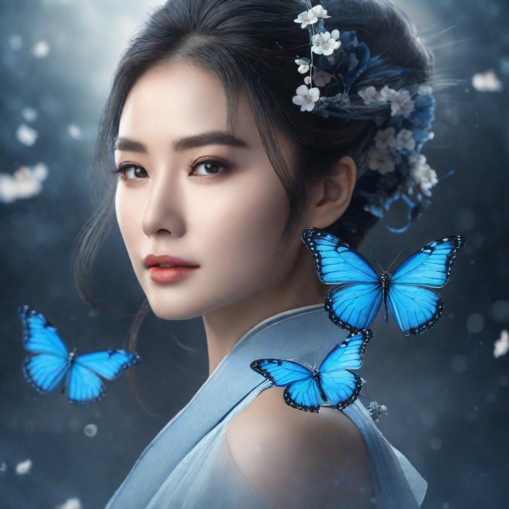  masterpiece, best quality, (Fidelity: 1.4), Best Quality, Masterpiece, Ultra High Resolution, Poster, Fantasy Art, Very Detailed Faces, 8k resolution, Chinese Style, An woman, Side Face, Quiet, Light Blue Hanfu, Tulle Coat, Long Black Hair, Light Blue Fringed Hair Ornament, Hairpin, White Ribbon, White Flower Bush, Light Blue Butterfly Flying, cinematic lighting effects