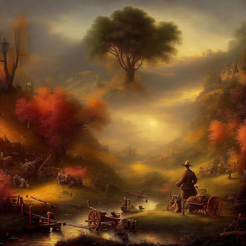  ((masterpiece)), (((best quality))), 8k, high detailed, ultra-detailed, Polish worker in a pumpkin field during autumn in the style of Rembrandt, (pumpkins in various shades of orange) scattered across the field, (golden sunlight) filtering through the trees, (crimson and amber leaves) falling from the branches, (a rustic wooden cart) filled with harvested pumpkins, the worker wearing (traditional Polish clothing) with a (wide-brimmed hat), (rich textures and intricate details) capturing the essence of Rembrandt's style hyperrealistic, full body, detailed clothing, highly detailed, cinematic lighting, stunningly beautiful, intricate, sharp focus, f/1. 8, 85mm, (centered image composition), (professionally color graded), ((bright soft diffused light)), volumetric fog, trending on instagram, trending on tumblr, HDR 4K, 8K
