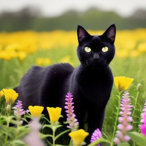  A black cat in a field of flowers with yellow eyes