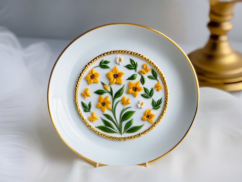  A detailed 8k ultra image of an ornate, goldtrimmed porcelain dessert plate from the court of Versailles, showcasing intricate handpainted floral designs and delicate gilded edges. The plate is set against a stark white background, emphasizing its opulent beauty and historical significance in the realm of French pastry and confectionery. hyperrealistic, full body, detailed clothing, highly detailed, cinematic lighting, stunningly beautiful, intricate, sharp focus, f/1. 8, 85mm, (centered image composition), (professionally color graded), ((bright soft diffused light)), volumetric fog, trending on instagram, trending on tumblr, HDR 4K, 8K