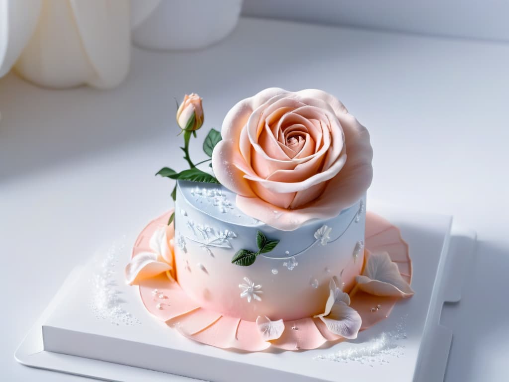  A closeup, highresolution image of a delicate sugar sculpture of a blooming rose, showcasing intricate details like delicate petals, swirling vines, and shimmering sugar crystals catching the light. The background is softly blurred, emphasizing the ethereal beauty of the sugar artwork, with a subtle gradient that transitions from pale pink to a dreamy offwhite, creating a serene and minimalist aesthetic. hyperrealistic, full body, detailed clothing, highly detailed, cinematic lighting, stunningly beautiful, intricate, sharp focus, f/1. 8, 85mm, (centered image composition), (professionally color graded), ((bright soft diffused light)), volumetric fog, trending on instagram, trending on tumblr, HDR 4K, 8K