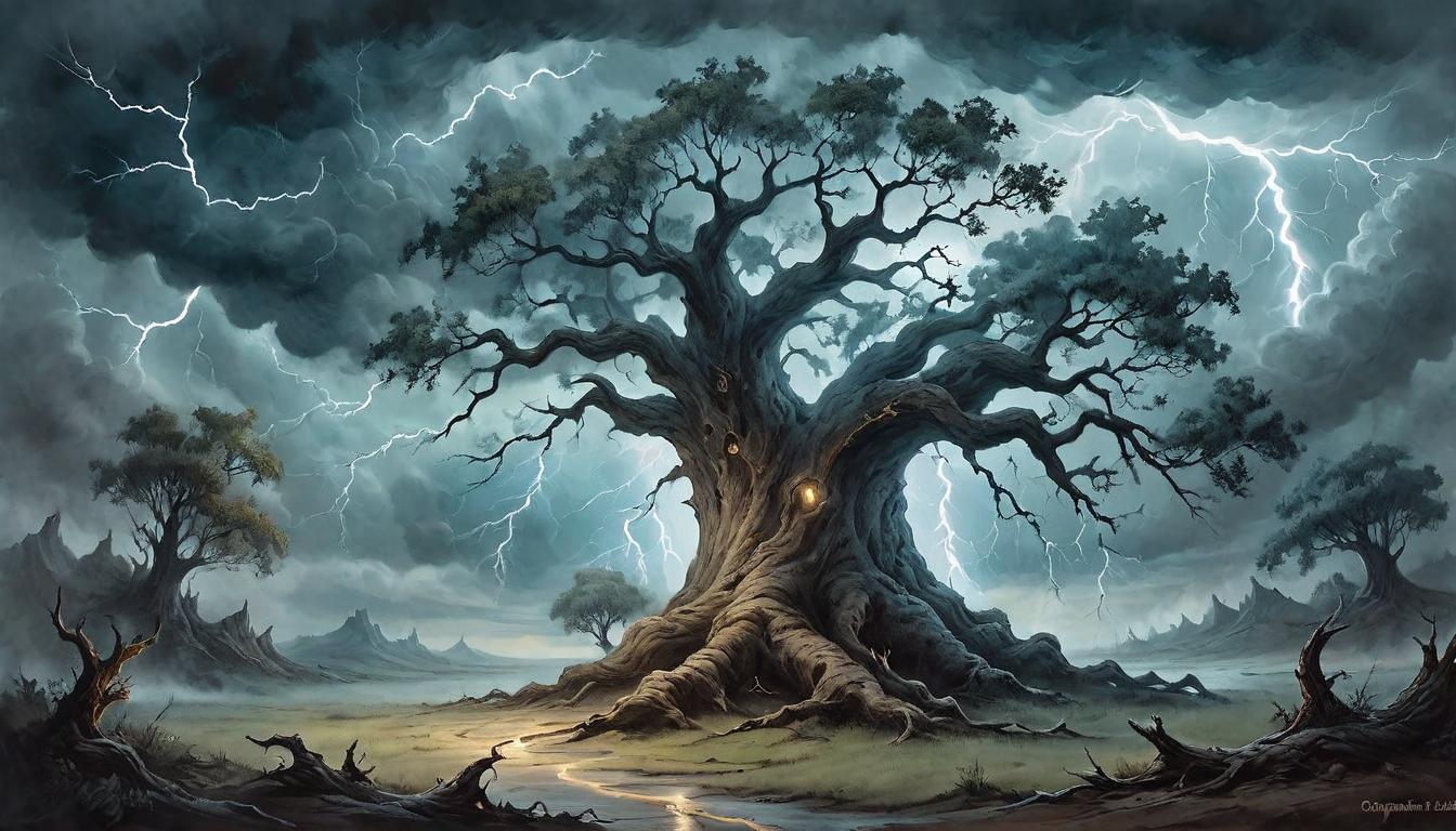  on parchment, surrealism+++, An ancient tree weathering a storm, lightning in the background, strength in emotional resilience, steadfast amid chaos, grounded majesty(mysterious, provocative, symbolic,muted color)+++