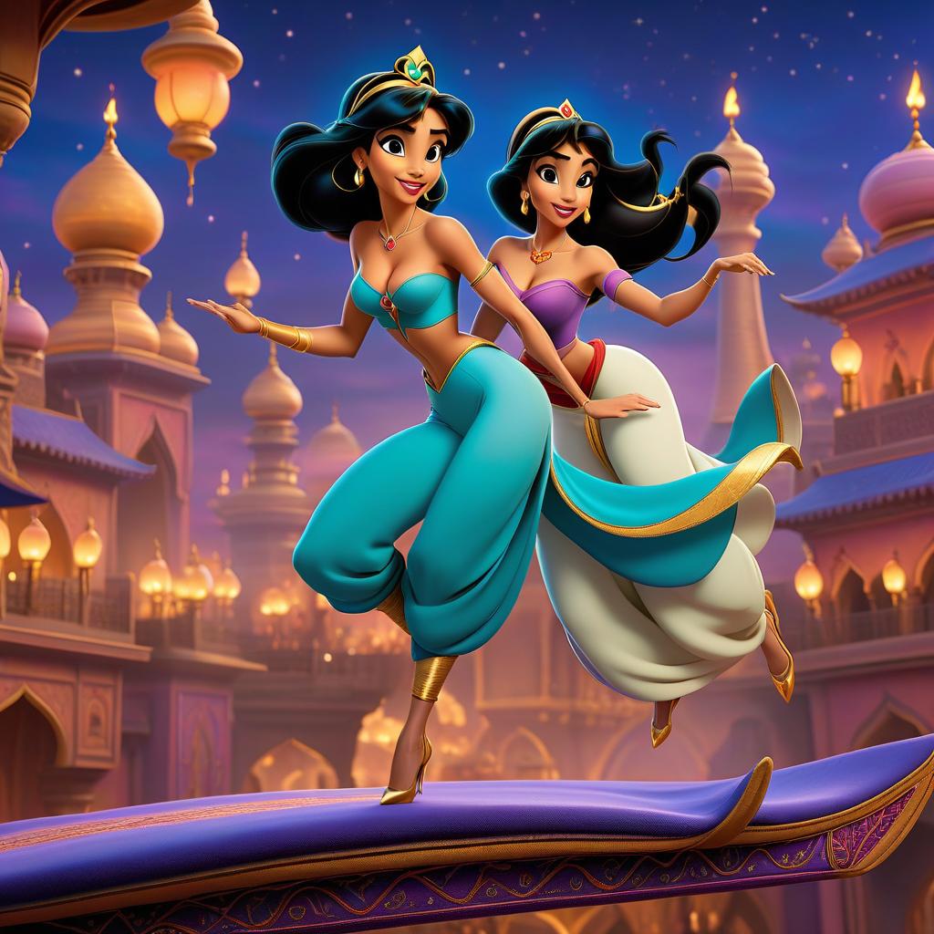  expressionist Jasmine and Aladdin from the cartoon "Aladdin" fly on a magic carpet over the night city of Agrabah. In the background, the palace from the cartoon and a salute. . raw, emotional, dynamic, distortion for emotional effect, vibrant, use of unusual colors, detailed hyperrealistic, full body, detailed clothing, highly detailed, cinematic lighting, stunningly beautiful, intricate, sharp focus, f/1. 8, 85mm, (centered image composition), (professionally color graded), ((bright soft diffused light)), volumetric fog, trending on instagram, trending on tumblr, HDR 4K, 8K