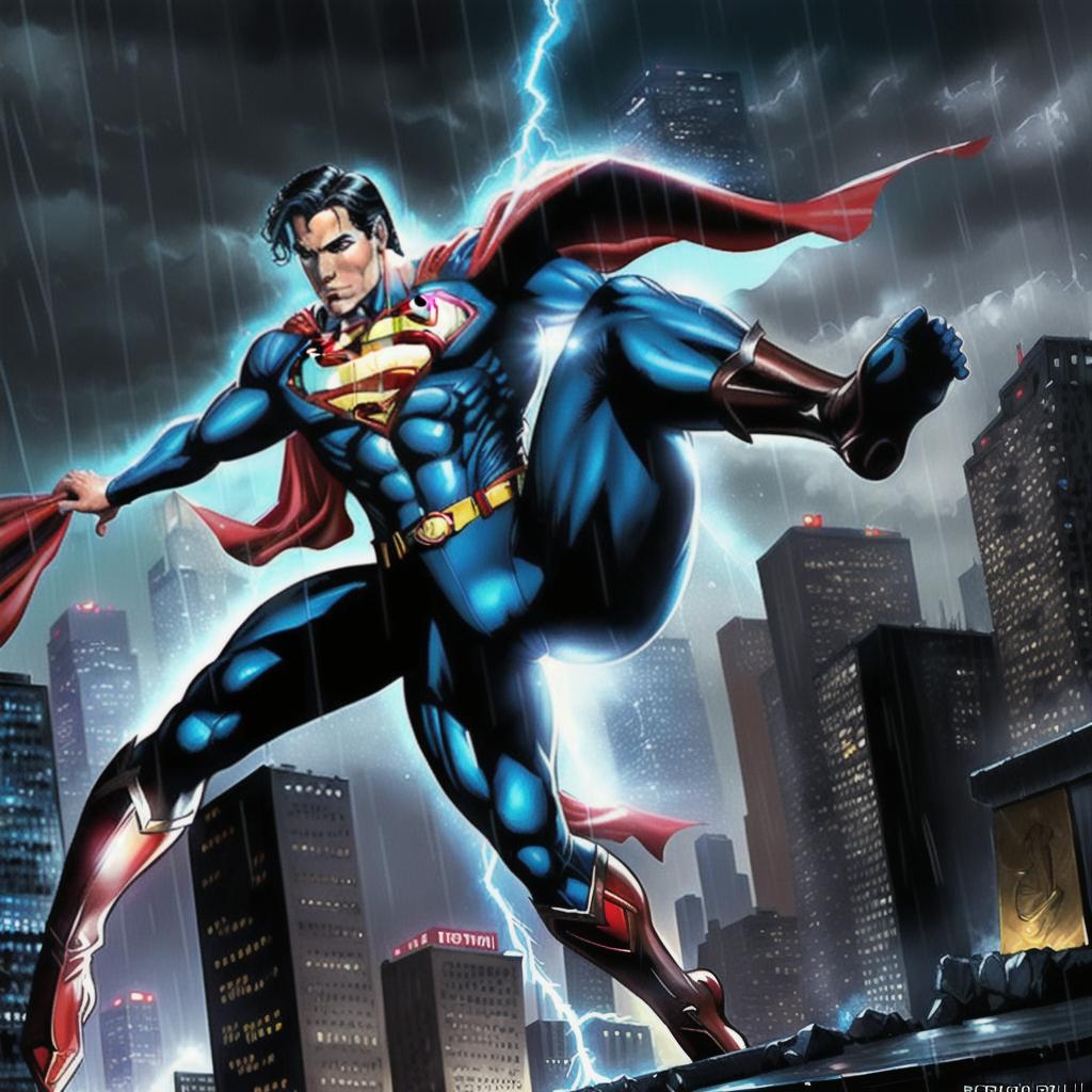  full body superman in a city background. Comic book style, highly detailed, sharp details, award winning, raining, oil painting