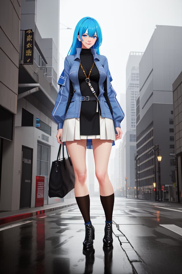  Blue hair, plain clothes, urban, meeting, , mini , smile, long, student hyperrealistic, full body, detailed clothing, highly detailed, cinematic lighting, stunningly beautiful, intricate, sharp focus, f/1. 8, 85mm, (centered image composition), (professionally color graded), ((bright soft diffused light)), volumetric fog, trending on instagram, trending on tumblr, HDR 4K, 8K
