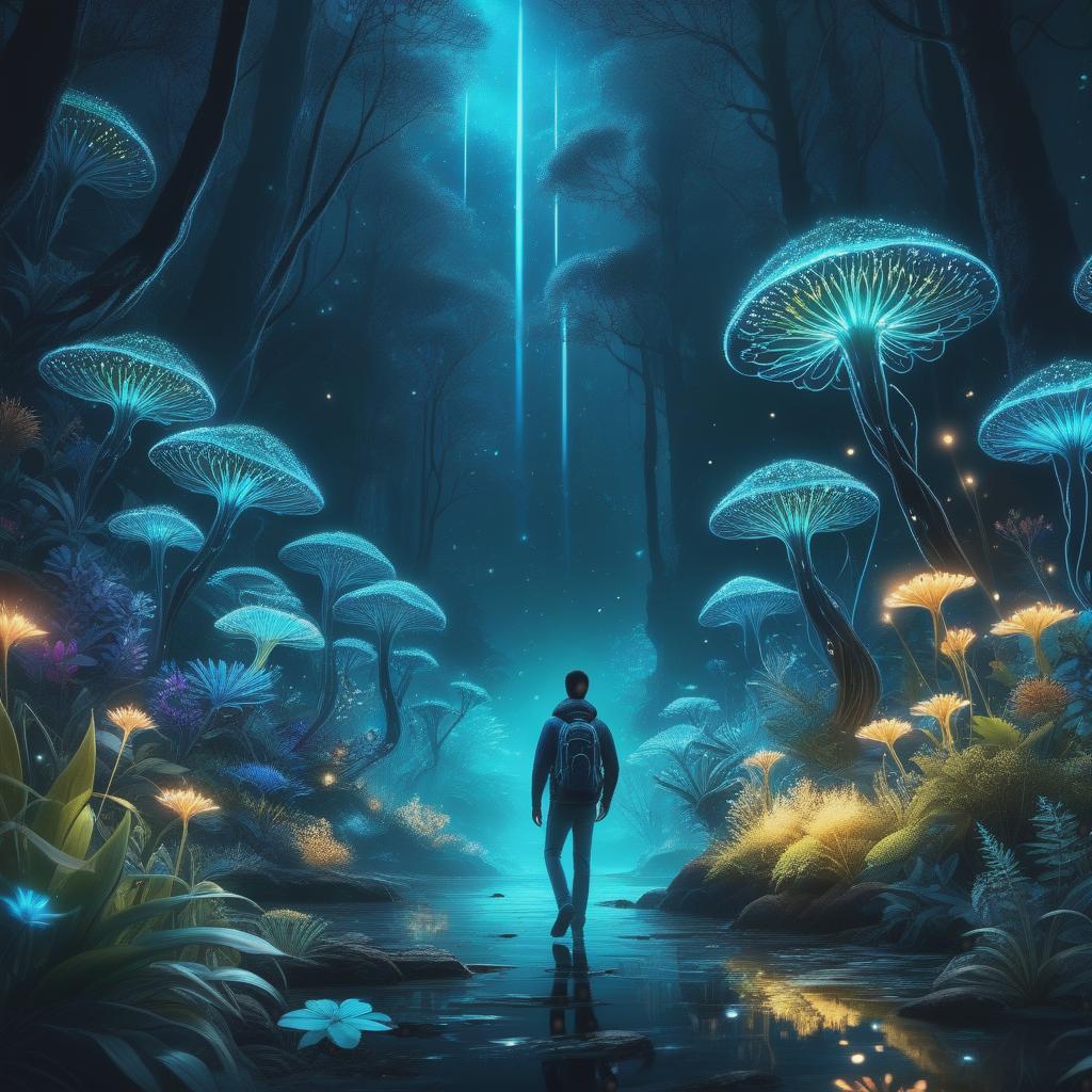  photo RAW, (Ultra detailed illustration of a person lost in a magical world of wonders, glowy, bioluminescent flora, incredibly detailed,UHD, wallpaper, art by Mschiffer, night, bioluminescence :  perfect composition, smooth, sharp focus, sparkling particles, lively  background Realistic, realism, hd, 35mm photograph, 8k), masterpiece, award winning photography, natural light, perfect composition, high detail, hyper realistic hyperrealistic, full body, detailed clothing, highly detailed, cinematic lighting, stunningly beautiful, intricate, sharp focus, f/1. 8, 85mm, (centered image composition), (professionally color graded), ((bright soft diffused light)), volumetric fog, trending on instagram, trending on tumblr, HDR 4K, 8K