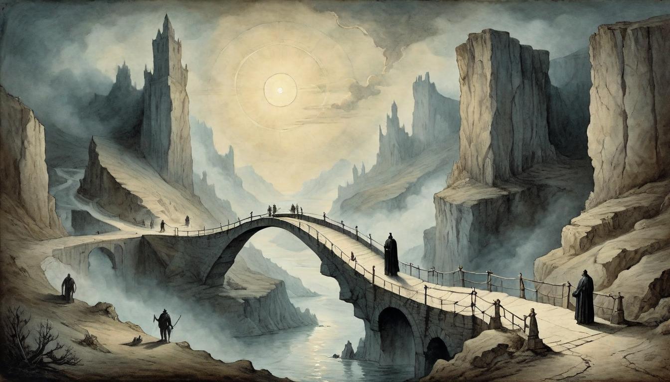  on parchment, surrealism+++, A bridge made of light connecting two cliffs, previously separated figures crossing towards each other, the fading of a dark figure in the background, transparency overcoming shadow, unity(mysterious, provocative, symbolic,muted color)+++