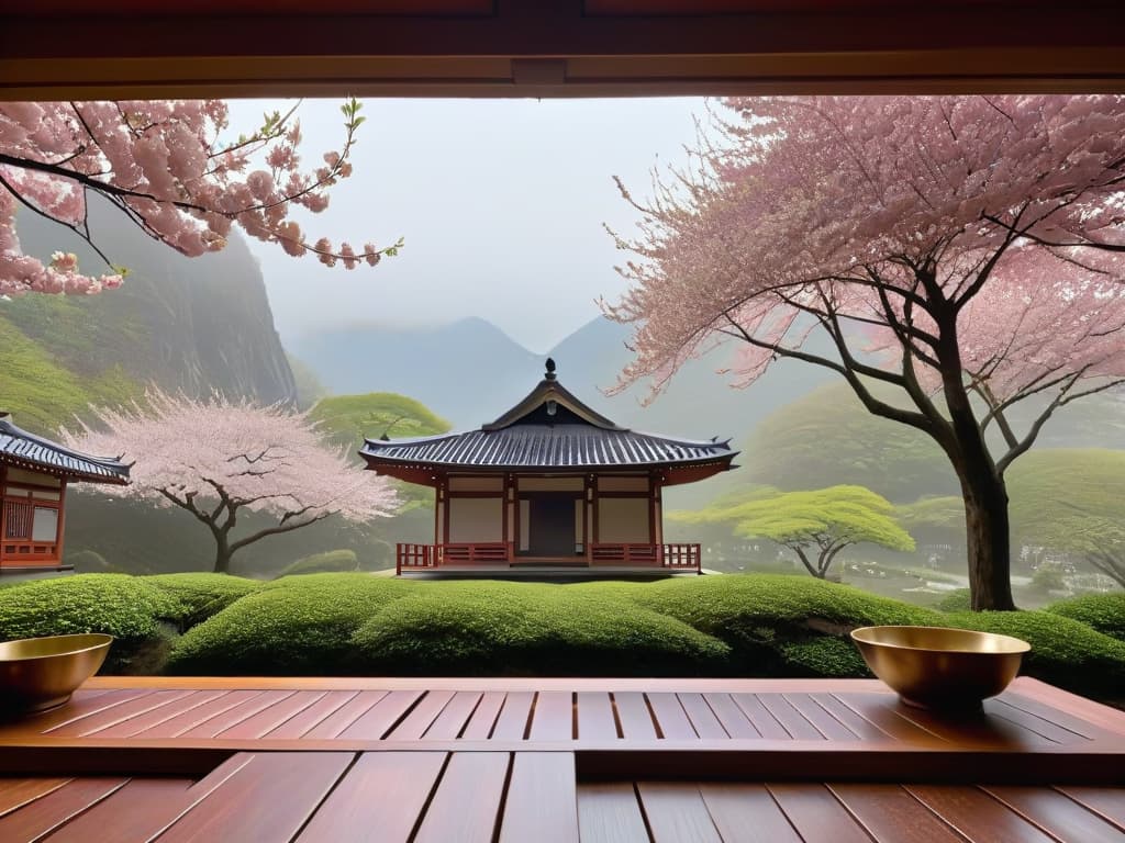  An ultradetailed image of a serene Japanese tea house nestled among cherry blossom trees in full bloom, with a backdrop of misty mountains in the distance. The delicate pink petals gently falling to the ground, creating a tranquil and picturesque setting for a traditional pastry retreat. The architecture of the tea house is elegant and simple, blending seamlessly with the natural surroundings, evoking a sense of peace and mindfulness. hyperrealistic, full body, detailed clothing, highly detailed, cinematic lighting, stunningly beautiful, intricate, sharp focus, f/1. 8, 85mm, (centered image composition), (professionally color graded), ((bright soft diffused light)), volumetric fog, trending on instagram, trending on tumblr, HDR 4K, 8K