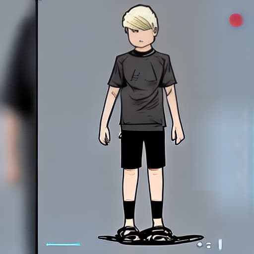 nousr robot In the style of a digital illustration, a very defiant 11-year-old boy with blond red hair, dressed in a t-shirt and very short shorts, stands barefoot, talking back to his mother and disobeying her.