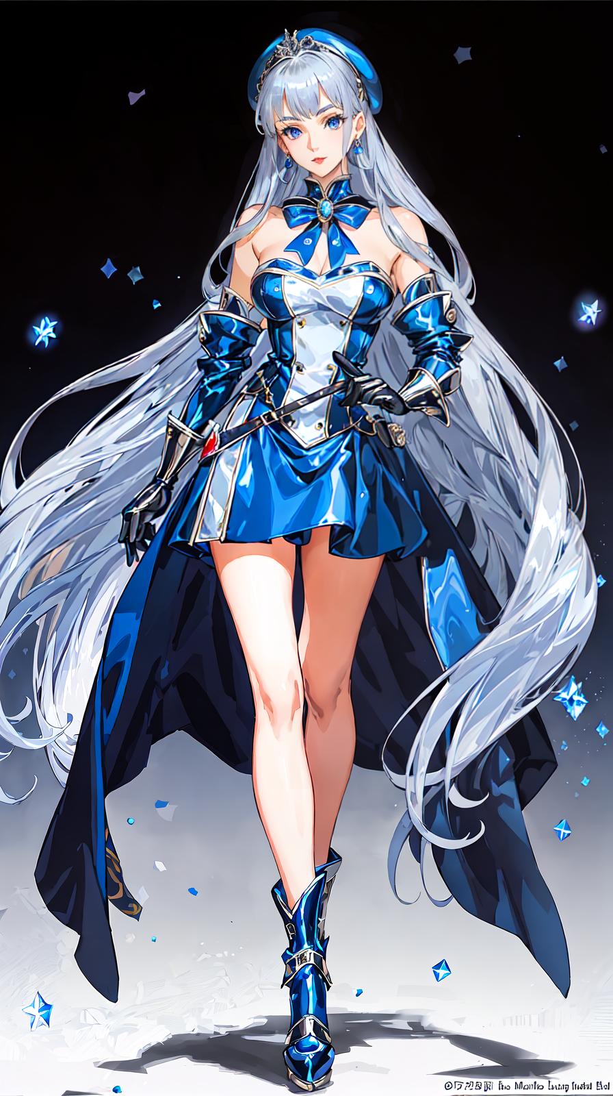  master piece , best quality,Silver blue hair,Beautiful lady, Blue eyes ,id hair,Put on a long cape coat ,Opera gloves, Panniers, Glamour lady,Red glossy lip, lady, sleeveless, Sensual lady , sleeveless sailor suit ,Color leather mini tiered fluffy, beret, ,Knee high boots, Magical , big bow on the 