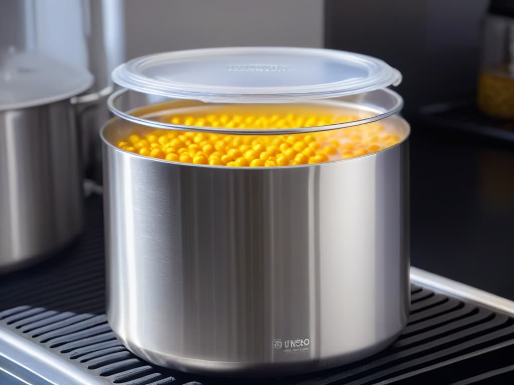  An ultradetailed closeup image of a sleek, stainless steel fermenting container with precise welding lines, showing a transparent lid with condensation droplets forming, capturing the process of fermentation in action. The container is set on a clean, modern kitchen countertop, with soft natural light illuminating the scene, emphasizing the importance of precision and quality in home fermentation equipment. hyperrealistic, full body, detailed clothing, highly detailed, cinematic lighting, stunningly beautiful, intricate, sharp focus, f/1. 8, 85mm, (centered image composition), (professionally color graded), ((bright soft diffused light)), volumetric fog, trending on instagram, trending on tumblr, HDR 4K, 8K