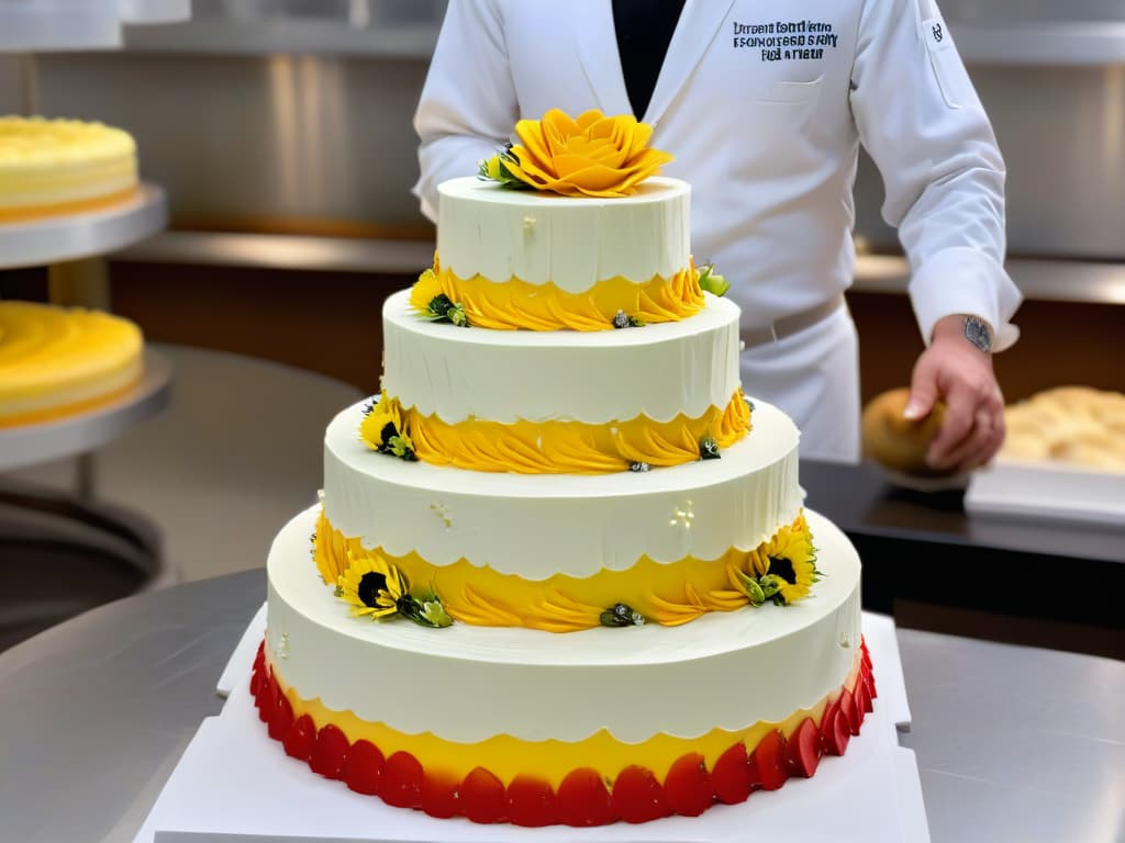  An ultradetailed, photorealistic image of a professional pastry chef meticulously piping intricate designs on a multitiered wedding cake. Every delicate swirl and flower created with precision and skill, showcasing advanced pastry techniques. The chef's hands are steady, and the focus is on the artistry and concentration involved in creating a masterpiece dessert. The background shows a pristine, white commercial kitchen with highend baking tools and ingredients neatly arranged, emphasizing the professionalism and dedication required for advanced pastry skills. hyperrealistic, full body, detailed clothing, highly detailed, cinematic lighting, stunningly beautiful, intricate, sharp focus, f/1. 8, 85mm, (centered image composition), (professionally color graded), ((bright soft diffused light)), volumetric fog, trending on instagram, trending on tumblr, HDR 4K, 8K