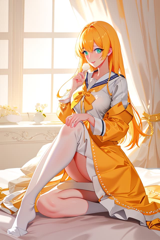  On the fourth one, on a fluffy bed, leak a yellow pee, wearing a sailor suit hyperrealistic, full body, detailed clothing, highly detailed, cinematic lighting, stunningly beautiful, intricate, sharp focus, f/1. 8, 85mm, (centered image composition), (professionally color graded), ((bright soft diffused light)), volumetric fog, trending on instagram, trending on tumblr, HDR 4K, 8K