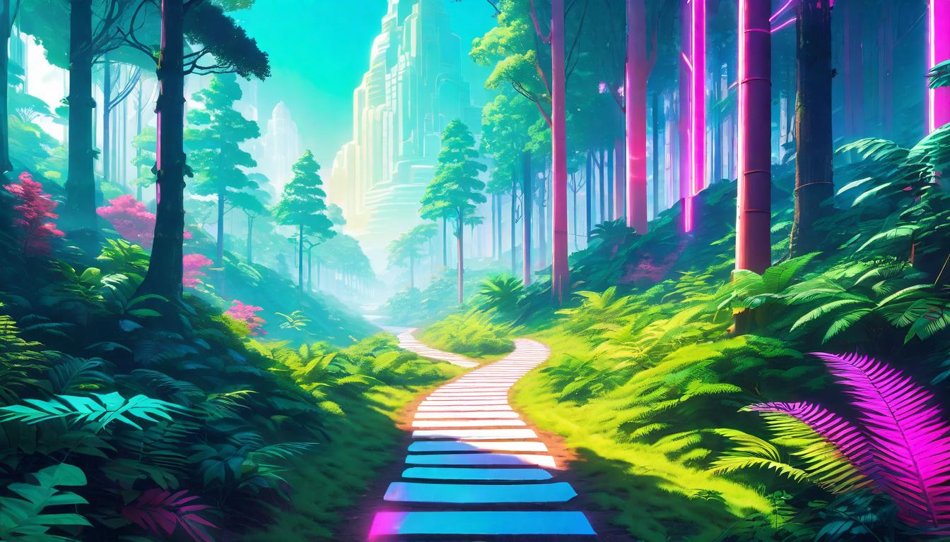  vaporwave,cyberpunk game style Footprints glowing softly on an earthen path winding through a lush, verdant forest, sunlight filtering through the canopy, casting a dappled pattern on the ground, symbiosis of personal growth and nature, harmony and balance, light of enlightenment, serene explorationeon, dystopian, futuristic, digital, vibrant, detailed, high contrast, reminiscent of cyberpunk genre video games,retro aesthetic, cyberpunk, vibrant, neon colors, vintage 80s and 90s style, highly detailed