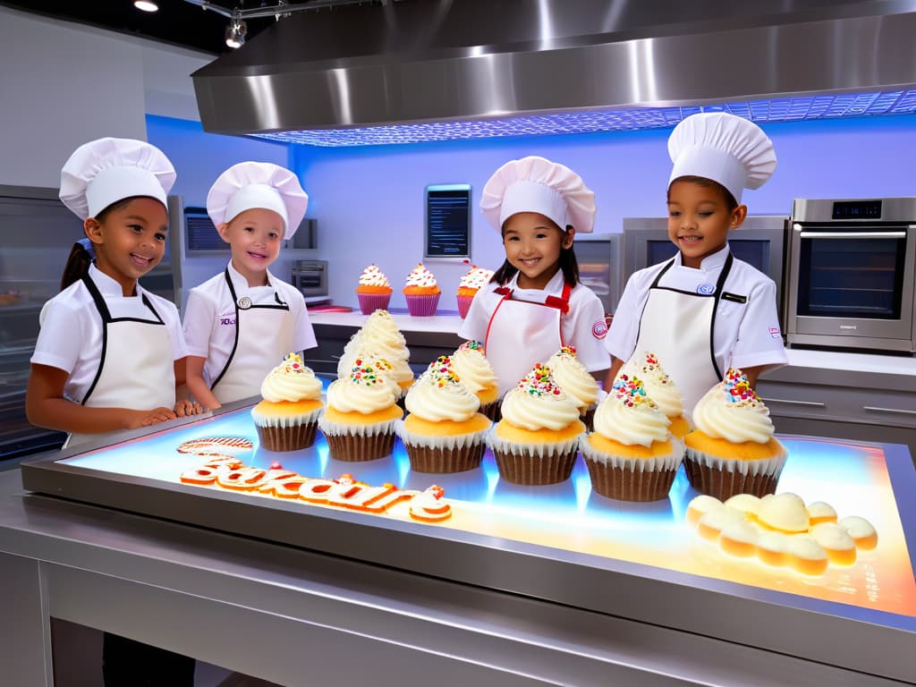  A highresolution, ultradetailed image of a group of children wearing chef hats and aprons, gathered around a futuristic holographic display showing virtual cupcakes and ingredients floating in the air. The scene is set in a bright, modern kitchen with sleek countertops and colorful culinary tools neatly arranged. The children are engrossed in the augmented reality baking experience, their faces filled with wonder and excitement as they interact with the virtual elements. The overall aesthetic is clean, minimalistic, and visually captivating, perfectly encapsulating the blend of education, fun, and technology in the context of augmented reality baking for kids. hyperrealistic, full body, detailed clothing, highly detailed, cinematic lighting, stunningly beautiful, intricate, sharp focus, f/1. 8, 85mm, (centered image composition), (professionally color graded), ((bright soft diffused light)), volumetric fog, trending on instagram, trending on tumblr, HDR 4K, 8K