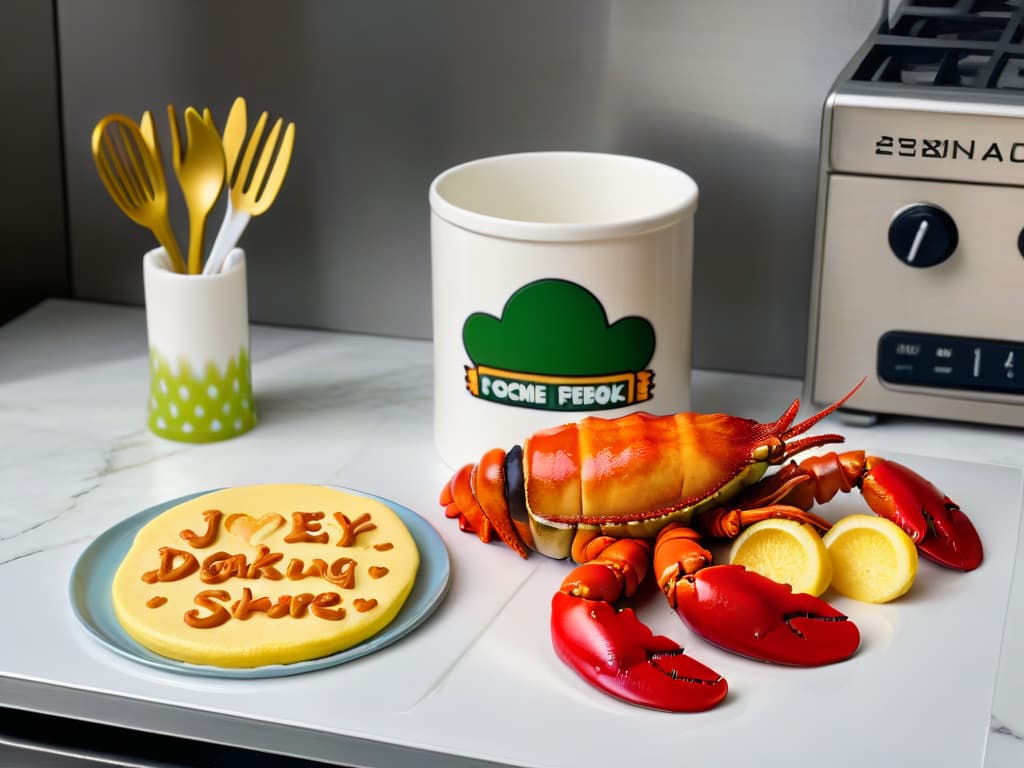  An 8k ultradetailed image of a sleek, minimalistic kitchen counter adorned with iconic Friendsthemed baking utensils such as a Central Perk coffee mug measuring cup, a lobstershaped oven mitt, a spatula with the words "Joey doesn't share food!", and a cookie cutter shaped like the Central Perk logo. The utensils are arranged neatly on a marble countertop, catching the light to highlight their intricate details and sleek design. The background is softly blurred to keep the focus on the utensils, creating a visually appealing and professional image that would inspire any Friends fan to bring a touch of the beloved show into their baking endeavors. hyperrealistic, full body, detailed clothing, highly detailed, cinematic lighting, stunningly beautiful, intricate, sharp focus, f/1. 8, 85mm, (centered image composition), (professionally color graded), ((bright soft diffused light)), volumetric fog, trending on instagram, trending on tumblr, HDR 4K, 8K