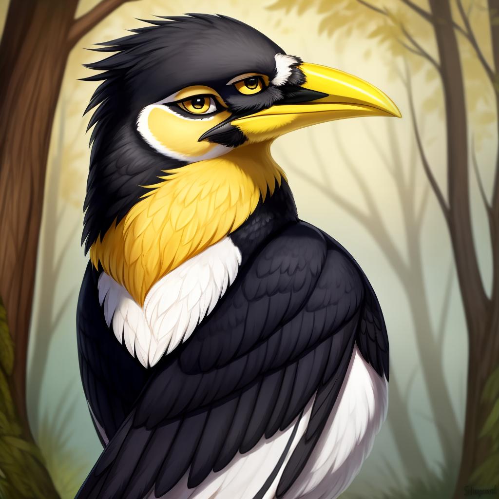  yellow-billed magpie, holarctic magpie, magpie (corvid) , gryphon, yellow beak, yellow undereye circles, open eyes, digital art, masterpiece, 4k, fine details,