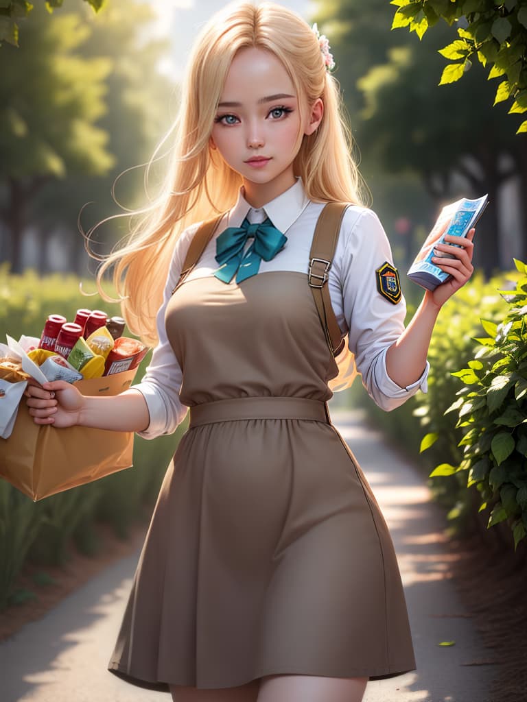  (masterpiece), best quality, high resolution, highly detailed, detailed background, perfect lighting, lens flare, fantasy, nature, 1girl, blond hair, groceries, detailed face, face shot, close up, solder uniform