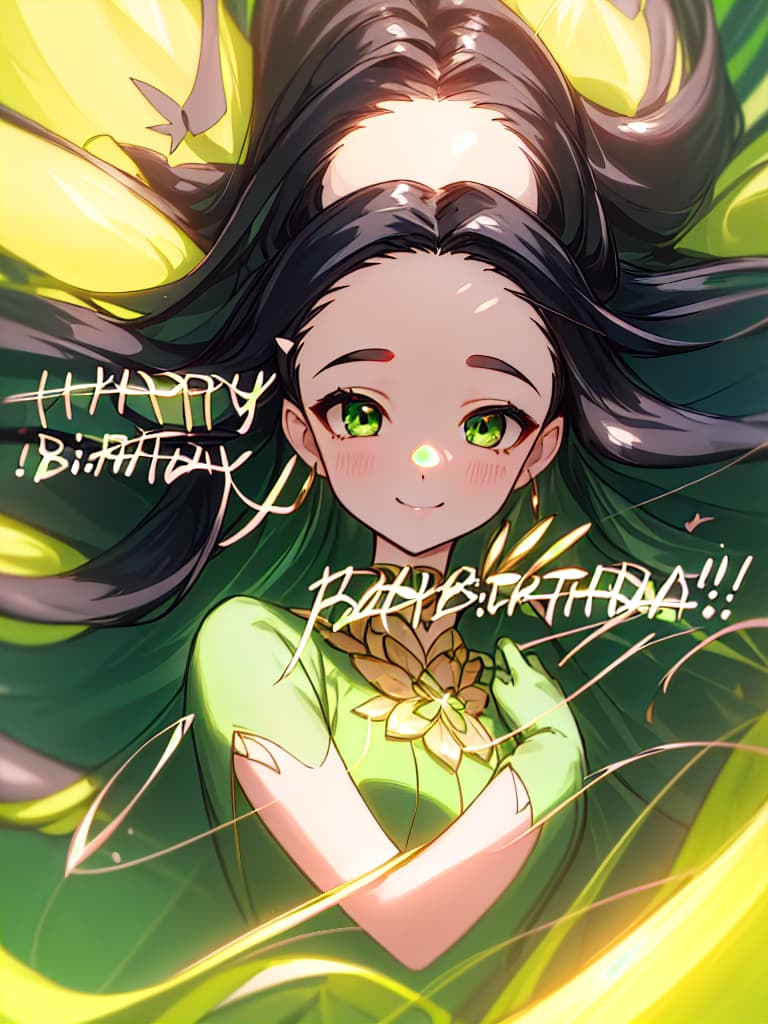  (((HAPPY BIRTHDAY❣))),Masterpiece,one woman,(((forehead))),((( hair style center parted longhair))),shiny black hair,delicate hair color,green eyes,beautiful face,happy Smile! glamorous body,high quality,8K, masterpiece, best quality,8k,ultra detailed,high resolution,an extremely delicate and beautiful,hyper detail