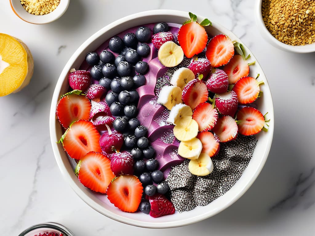  A closeup, ultradetailed image of a vibrant acai bowl topped with fresh berries, chia seeds, and a sprinkle of coconut flakes, set against a sleek, white marble backdrop. The bowl is artfully arranged, showcasing the contrast of colors and textures, inviting the viewer to indulge in the nutritious and delicious superfood dessert. hyperrealistic, full body, detailed clothing, highly detailed, cinematic lighting, stunningly beautiful, intricate, sharp focus, f/1. 8, 85mm, (centered image composition), (professionally color graded), ((bright soft diffused light)), volumetric fog, trending on instagram, trending on tumblr, HDR 4K, 8K