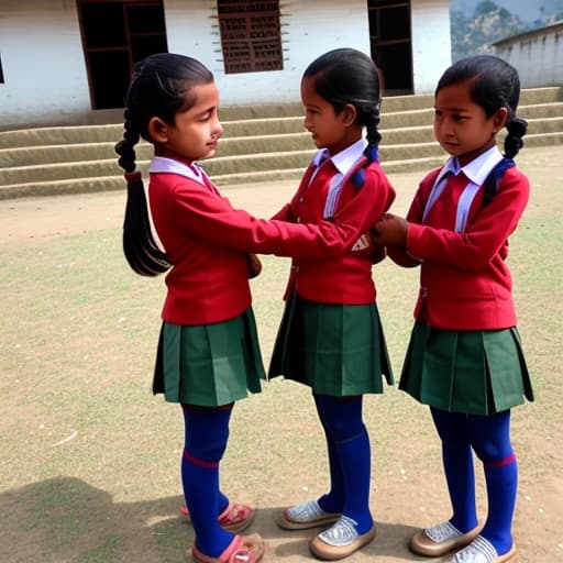  nepali student uniform up ing pigtail show friends at outdoor primary Kathmandu