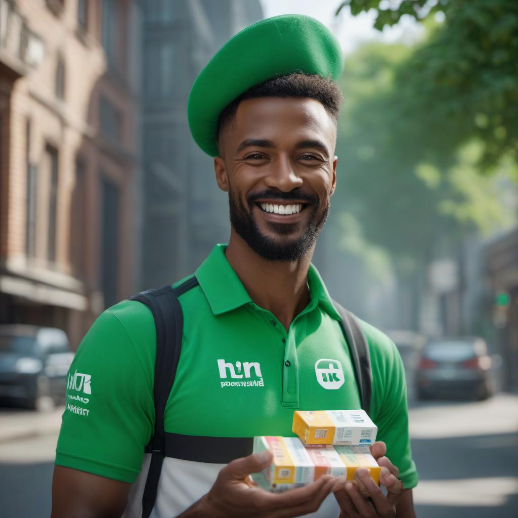  The delivery courier carries pills in a bright green outfit, he has a logo X. He is smiling 4k. hyperrealistic, full body, detailed clothing, highly detailed, cinematic lighting, stunningly beautiful, intricate, sharp focus, f/1. 8, 85mm, (centered image composition), (professionally color graded), ((bright soft diffused light)), volumetric fog, trending on instagram, trending on tumblr, HDR 4K, 8K