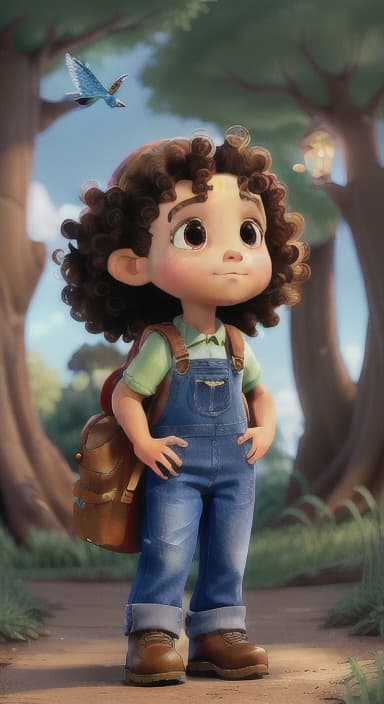  {The tree shining brightly and releasing a gentle, magical light., Riley, a curious with big brown eyes and curly hair, wearing overalls and carrying a small backpack. Their friend, Skye, a bluebird with shiny feathers.