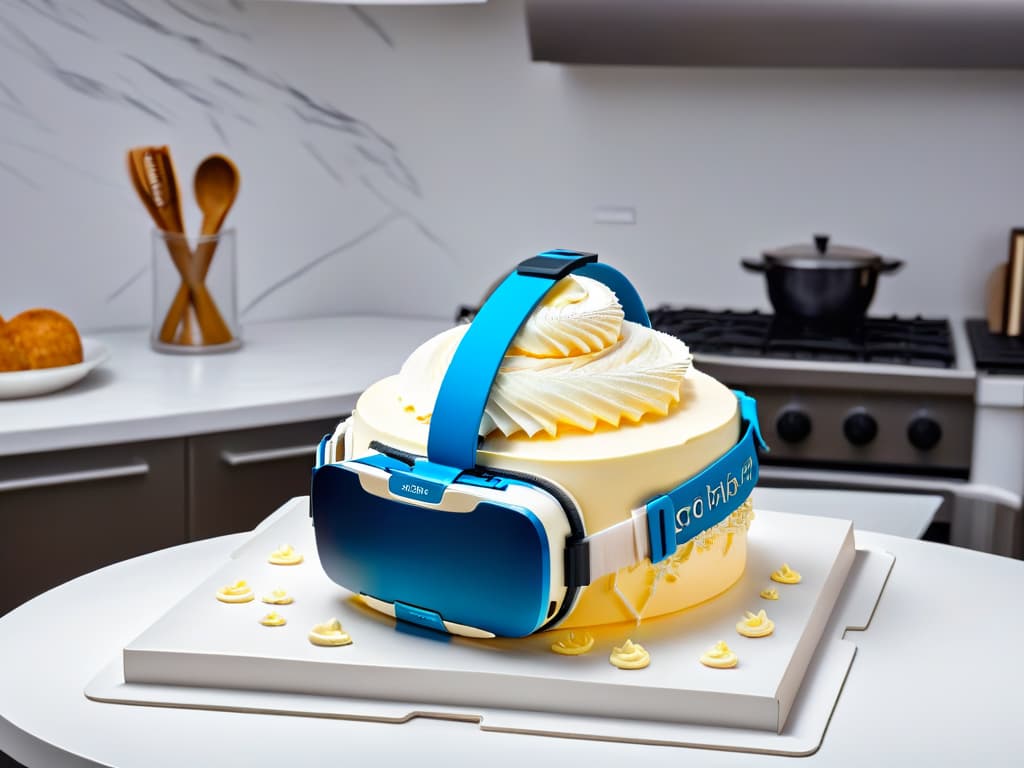  A photorealistic image of a sleek, modern virtual reality headset designed specifically for baking and pastrymaking enthusiasts. The headset is adorned with intricate pastrythemed patterns, such as piping bags, whisks, and rolling pins, against a futuristic backdrop of a virtual kitchen filled with digital ingredients and tools floating in the air. The lighting is soft and inviting, highlighting the intricate details of the headset and creating a sense of immersion and excitement for the virtual baking experience. hyperrealistic, full body, detailed clothing, highly detailed, cinematic lighting, stunningly beautiful, intricate, sharp focus, f/1. 8, 85mm, (centered image composition), (professionally color graded), ((bright soft diffused light)), volumetric fog, trending on instagram, trending on tumblr, HDR 4K, 8K