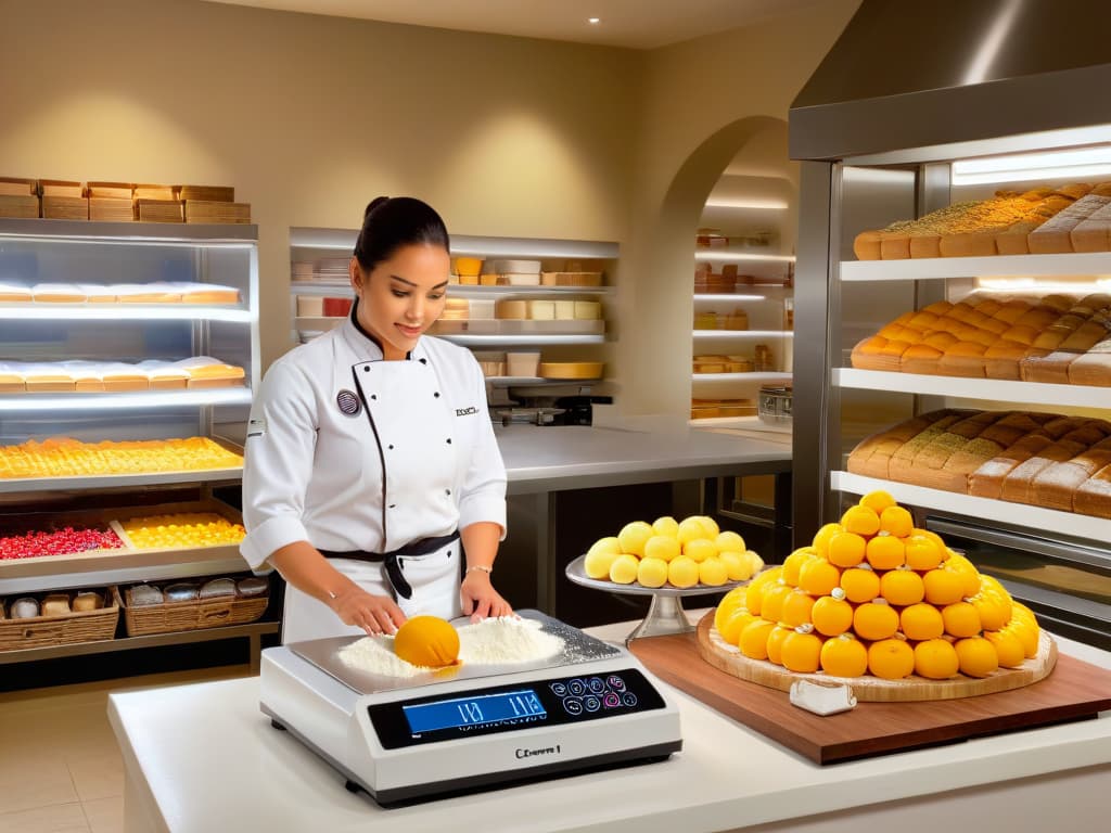  A photorealistic image of a meticulously organized bakery kitchen with shelves filled with colorful ingredients like flour, sugar, and various fruits. The scene depicts a skilled pastry chef meticulously weighing ingredients on a digital scale, with a tablet displaying a costtracking application open in the background. The warm lighting highlights the precision and dedication of the chef as they work on a beautifully decorated cake, exuding a sense of professionalism and inspiration in the art of pastry making. hyperrealistic, full body, detailed clothing, highly detailed, cinematic lighting, stunningly beautiful, intricate, sharp focus, f/1. 8, 85mm, (centered image composition), (professionally color graded), ((bright soft diffused light)), volumetric fog, trending on instagram, trending on tumblr, HDR 4K, 8K