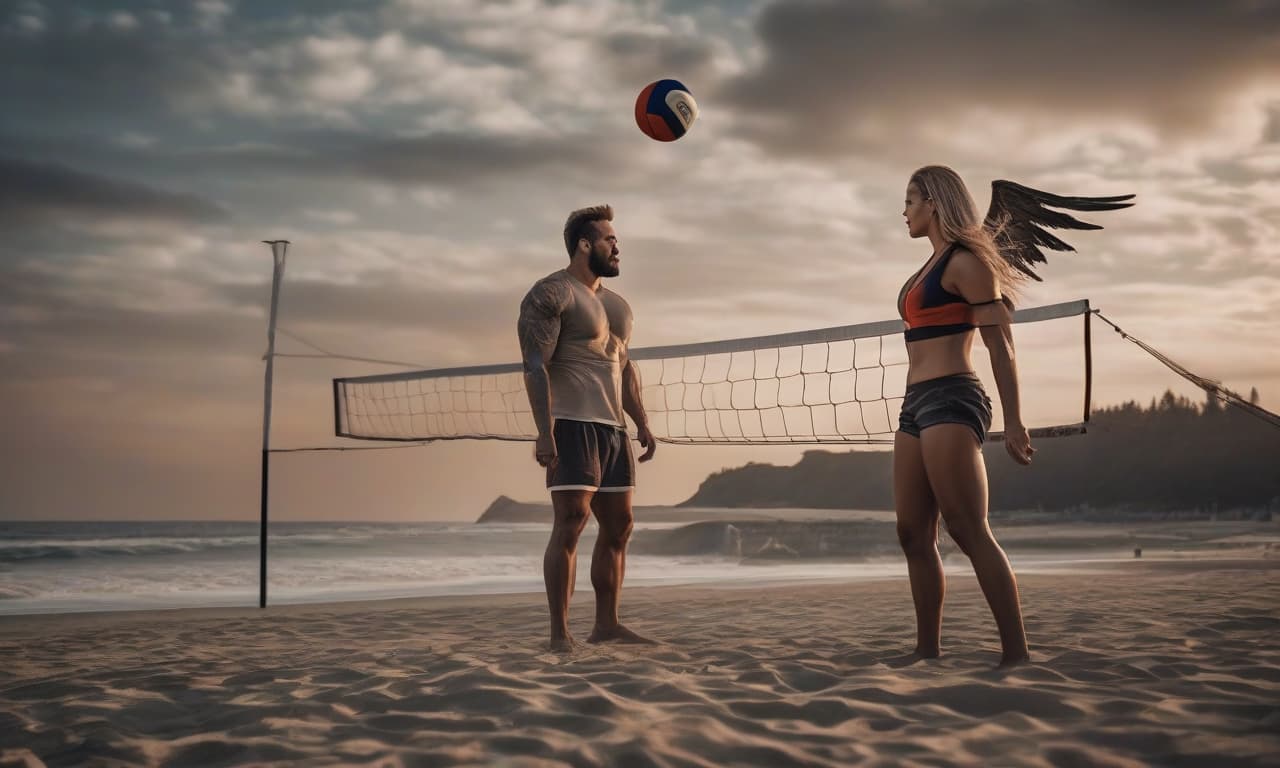  A demon and an angel play volleyball on the beach. hyperrealistic, full body, detailed clothing, highly detailed, cinematic lighting, stunningly beautiful, intricate, sharp focus, f/1. 8, 85mm, (centered image composition), (professionally color graded), ((bright soft diffused light)), volumetric fog, trending on instagram, trending on tumblr, HDR 4K, 8K