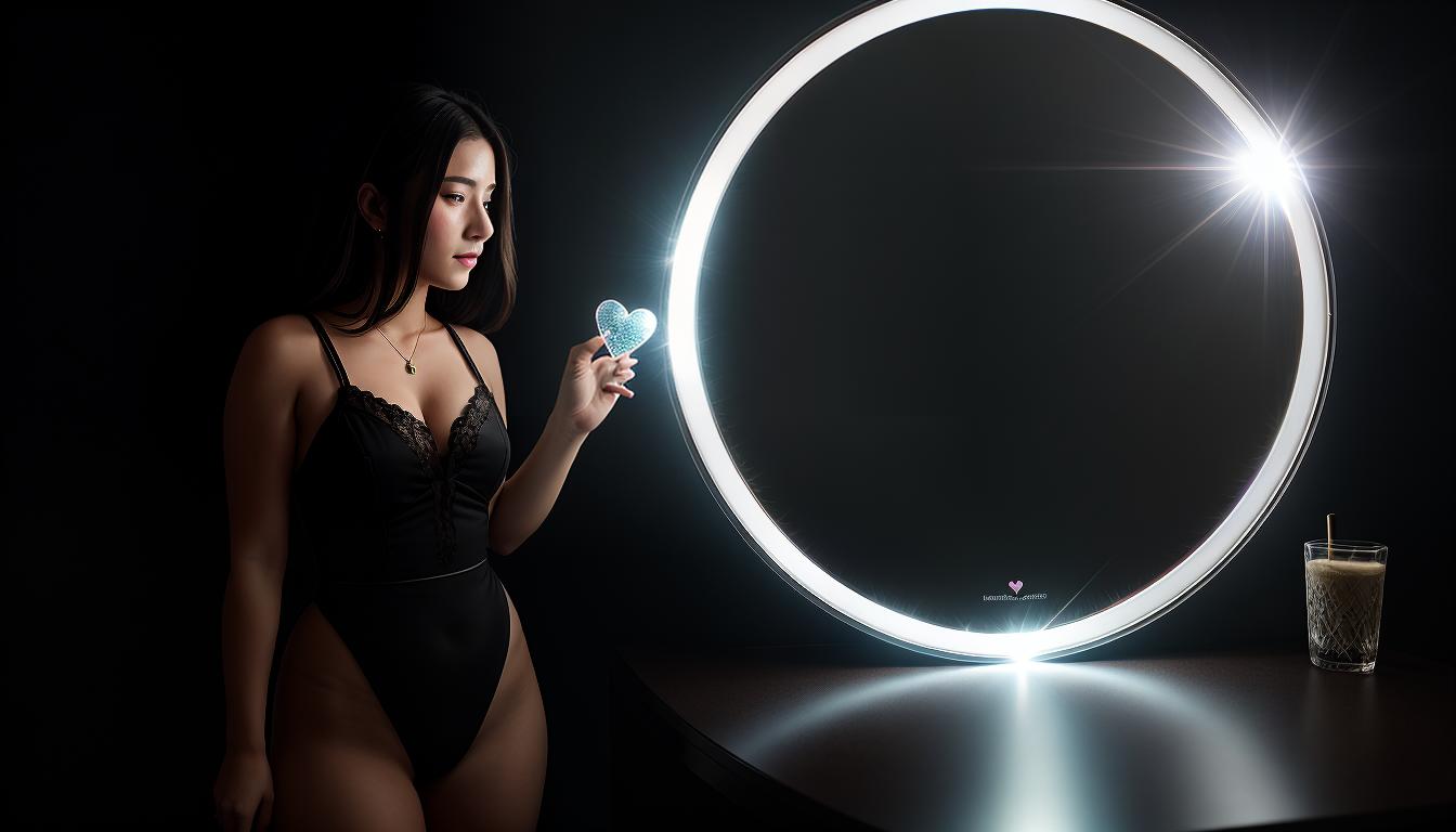  cinematic, aesthetic, A figure holding a heart shaped mirror, reflective surface showing different facets of their personality, subtle symbols of kindness surrounding, illuminating the figure, sense of introspection and revelation, interconnected with personal identity, 4k, HDR, lens flare