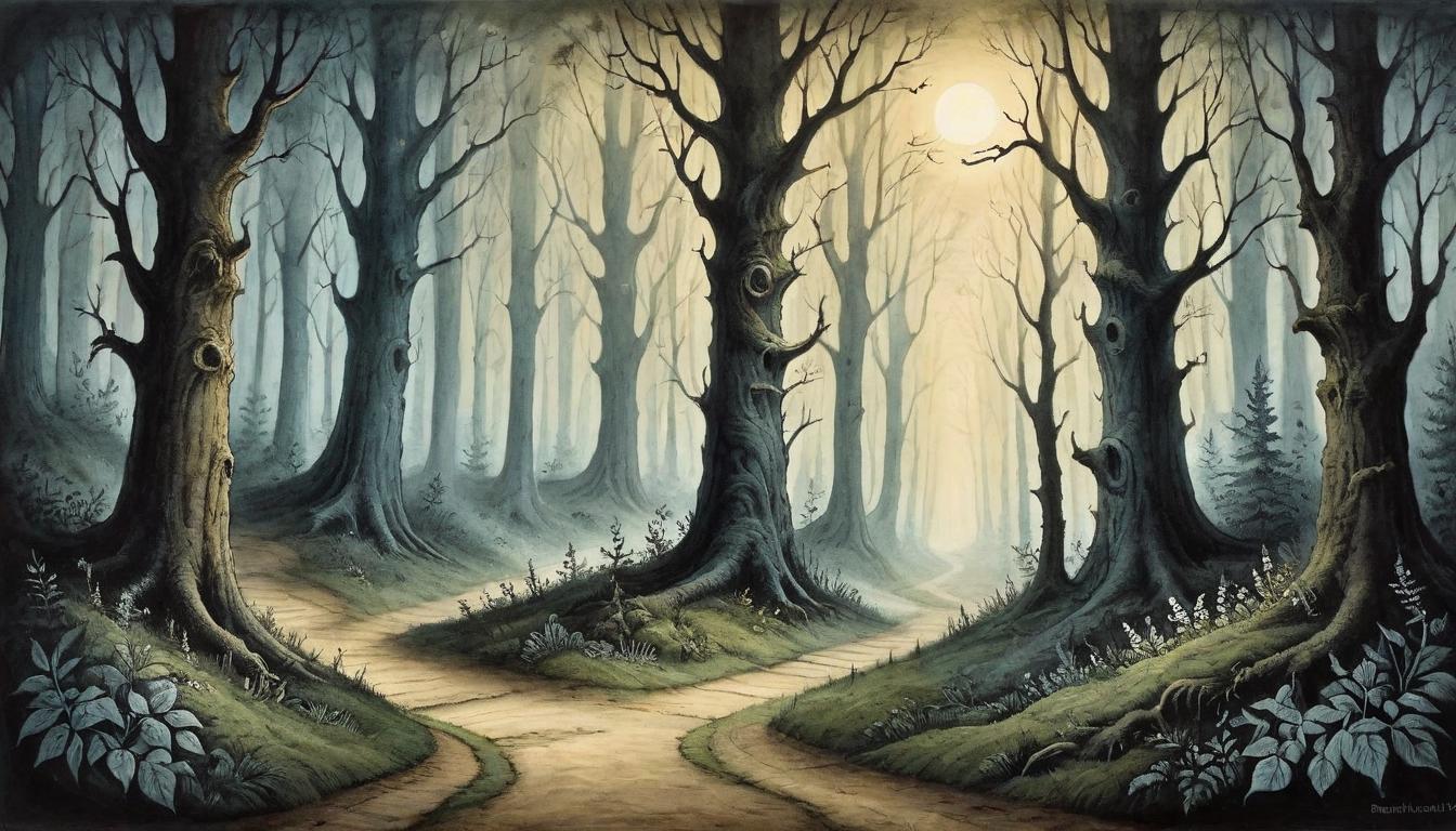  on parchment, surrealism+++, A path splitting from a dark forest into a sunlit clearing. Symbolizes life's trajectory changing, dark forest gives way to brightness, path is clear, decisive, turning point, transition from darkness to light(mysterious, provocative, symbolic,muted color)+++