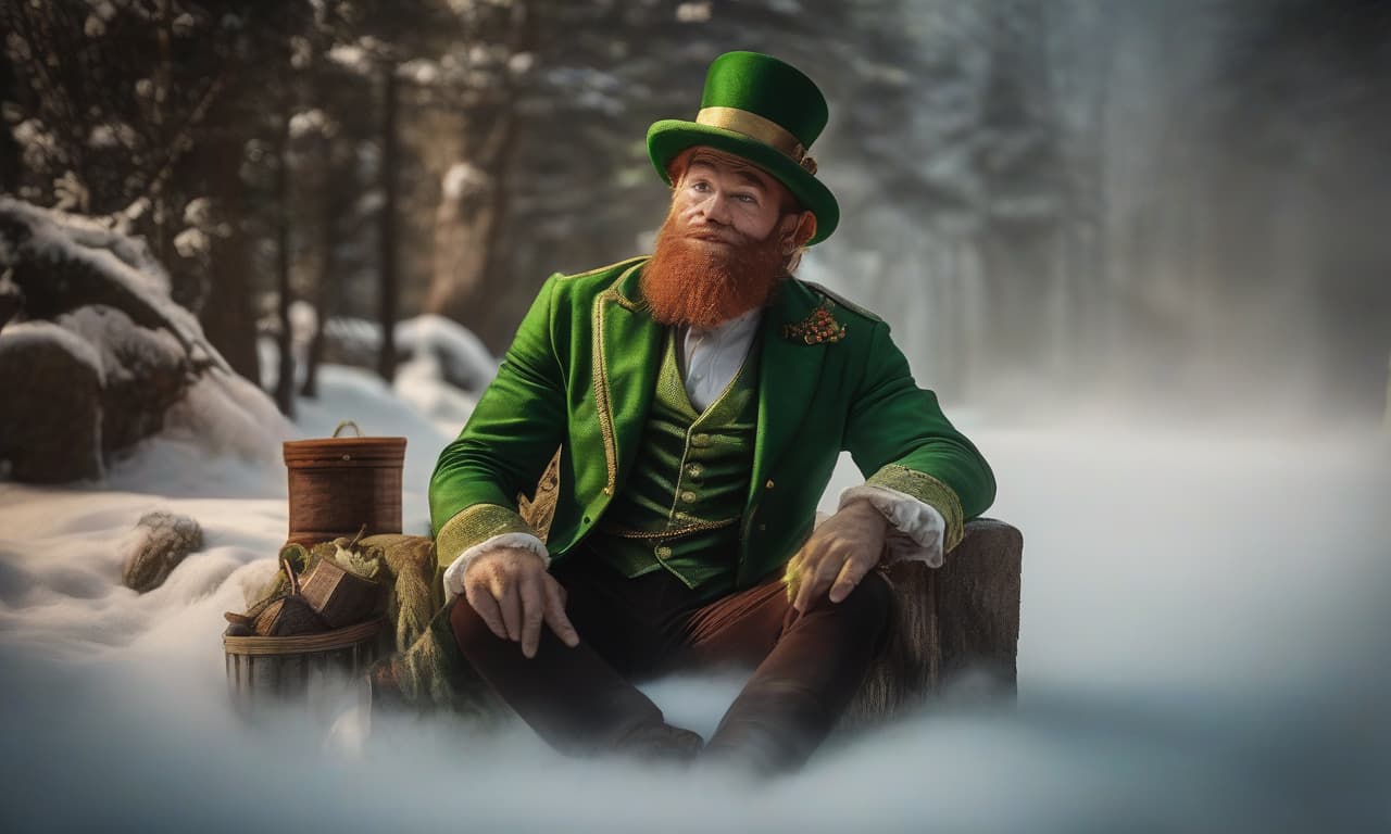  Lying leprechaun hyperrealistic, full body, detailed clothing, highly detailed, cinematic lighting, stunningly beautiful, intricate, sharp focus, f/1. 8, 85mm, (centered image composition), (professionally color graded), ((bright soft diffused light)), volumetric fog, trending on instagram, trending on tumblr, HDR 4K, 8K