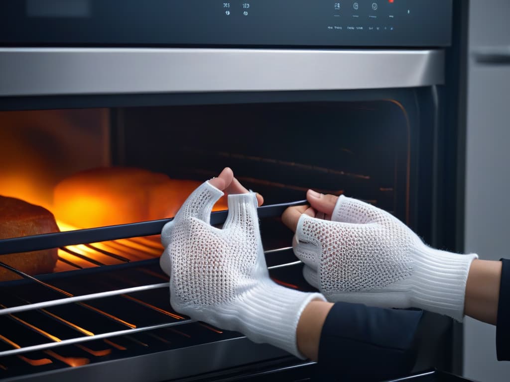  A minimalist, highresolution image of hands reaching into a hot oven while wearing sleek, stylish highresistance oven gloves in a modern kitchen setting. The gloves should be the focal point, showcasing their design and functionality, with a subtle background that complements the overall aesthetic. The lighting should be soft, highlighting the texture and quality of the gloves while conveying a sense of safety and sophistication. hyperrealistic, full body, detailed clothing, highly detailed, cinematic lighting, stunningly beautiful, intricate, sharp focus, f/1. 8, 85mm, (centered image composition), (professionally color graded), ((bright soft diffused light)), volumetric fog, trending on instagram, trending on tumblr, HDR 4K, 8K