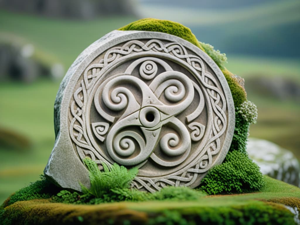  An 8k ultradetailed image depicting a closeup of a weathered stone triskelion carving found on a historical Celtic artifact. The carving is intricately detailed, showcasing the three interconnected spirals with subtle knotwork patterns intertwined within them. The stone is aged, with moss growing in the crevices, giving it an ancient and mystical aura. The background shows a blurred out section of a Celtic archaeological site, hinting at the rich history and significance of the triskelion symbol in Celtic culture. hyperrealistic, full body, detailed clothing, highly detailed, cinematic lighting, stunningly beautiful, intricate, sharp focus, f/1. 8, 85mm, (centered image composition), (professionally color graded), ((bright soft diffused light)), volumetric fog, trending on instagram, trending on tumblr, HDR 4K, 8K