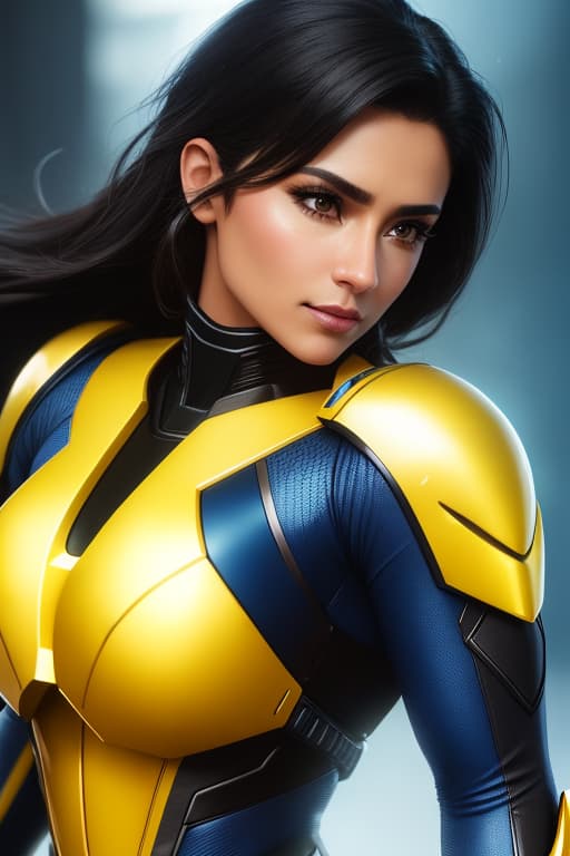  Xochitl Gomez, Female Superhero, Blue and Yellow Armored Suit, Toned Female Muscle, Female Body Shape, Fit Female Body, Black Hair, Close Up Face, Portrait, 4KUHD quality, 1080i, 1080p, Cinematic Quality, Dramatic Lighting, Bokeh, Anime Asthetic 
[DreamGlow (NEW)], hyperrealistic, high quality, highly detailed, cinematic lighting, intricate, sharp focus, f/1. 8, 85mm, (centered image composition), (professionally color graded), ((bright soft diffused light)), volumetric fog, trending on instagram, HDR 4K, 8K