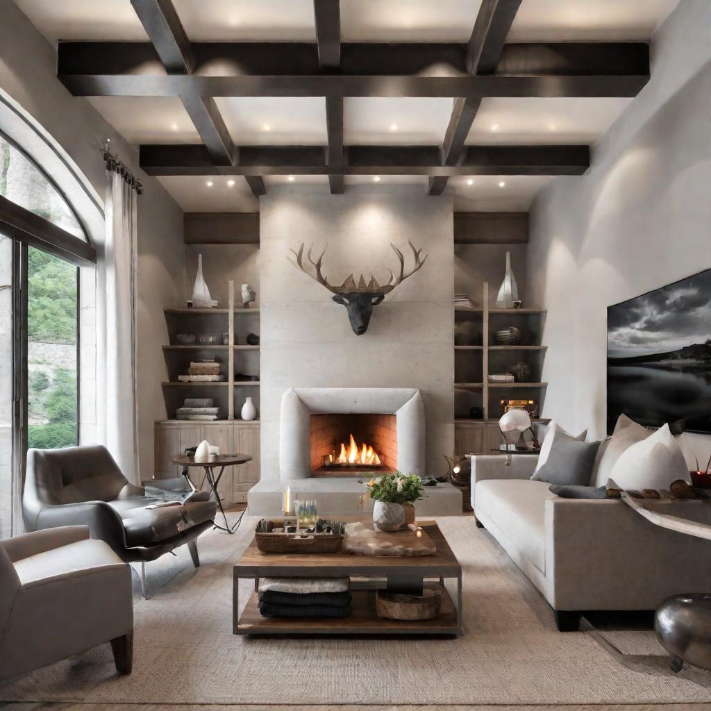   Design a cozy den with exposed wooden beams, a stone fireplace, and leather armchairs for a refined yet rustic feel. 8k, cinematic lighting, HDR