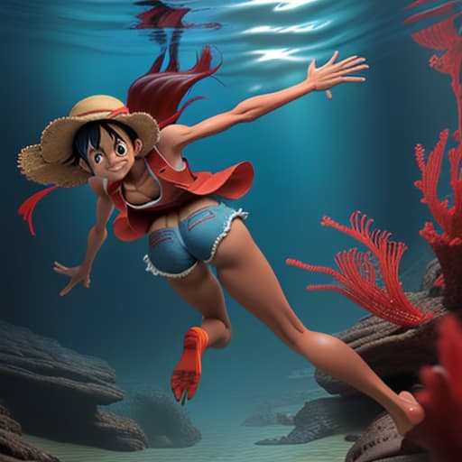  tanned Luffy in red vest and blue strings walking underwater his legs are giant her arms are reach up view from the back