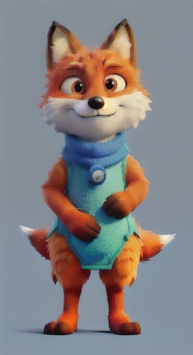  {Error the fox pressing the blue button with his paw, looking puzzled as nothing occurs., Error is a small, bright orange fox with a fluffy tail and big, inquisitive eyes. He has a mischievous yet kind expression and wears a tiny green scarf.