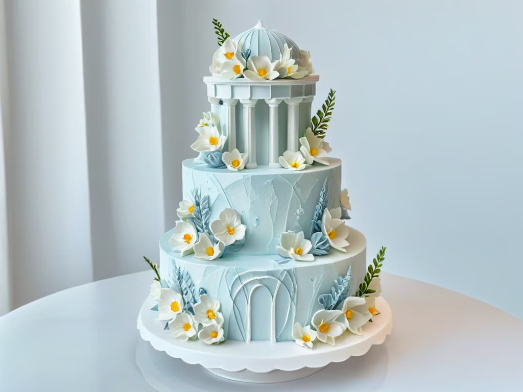  A beautifully intricate and delicately crafted wedding cake inspired by classical Greek architecture, featuring intricate marblelike fondant details, elegant columns, and ornate floral icing patterns. The cake is displayed on a simple, pristine white cake stand against a soft, neutral background, highlighting the precision and artistry of the design. hyperrealistic, full body, detailed clothing, highly detailed, cinematic lighting, stunningly beautiful, intricate, sharp focus, f/1. 8, 85mm, (centered image composition), (professionally color graded), ((bright soft diffused light)), volumetric fog, trending on instagram, trending on tumblr, HDR 4K, 8K