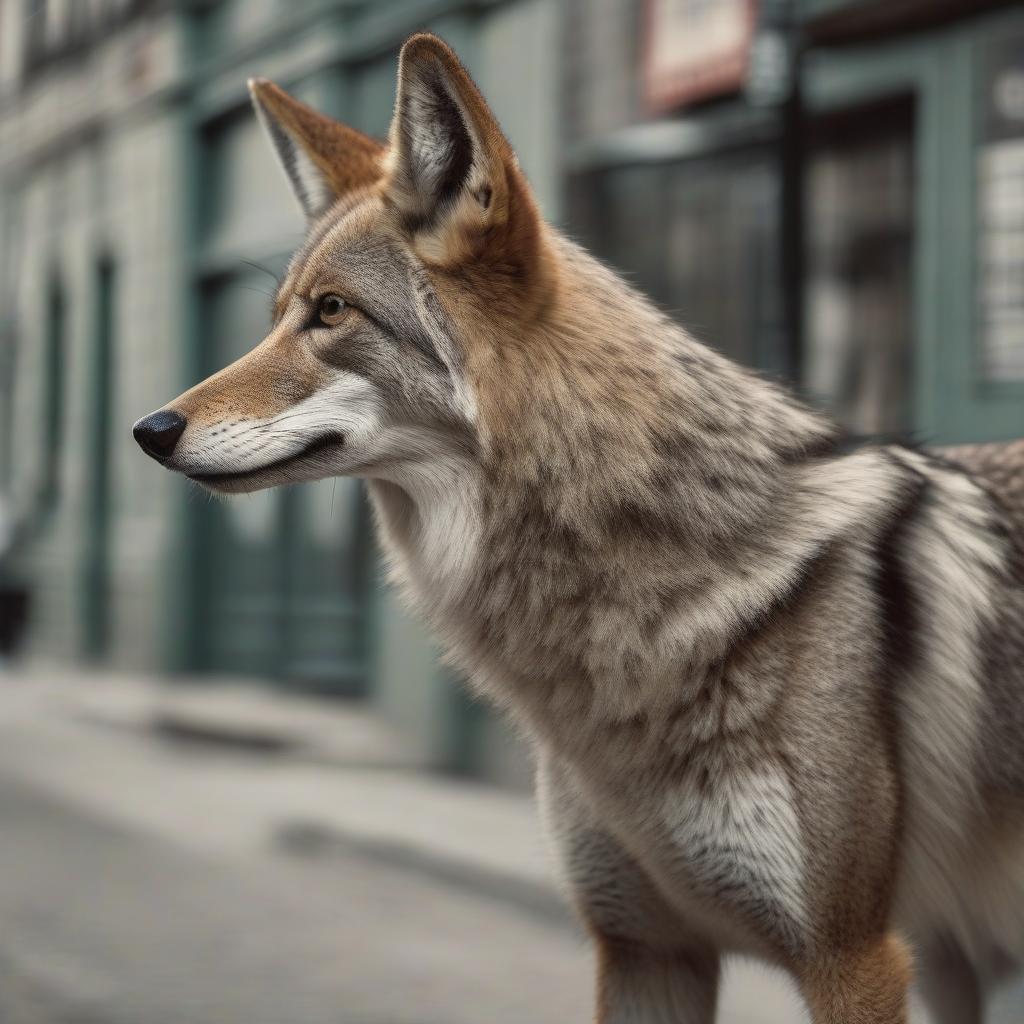  by Hendrik Kerstens, Giorgio Barbarelli da Castelfranco, close up of a (Coyote:1.2) , centered Mecha background, green street, Harlem Renaissance, film grain, Ilford HP5+ 400, Zoom lens, Dichromatic, photo, fantastic aesthetic, epic, best, inspired, modified, fertile, deep rich colors, delicate hyperrealistic, full body, detailed clothing, highly detailed, cinematic lighting, stunningly beautiful, intricate, sharp focus, f/1. 8, 85mm, (centered image composition), (professionally color graded), ((bright soft diffused light)), volumetric fog, trending on instagram, trending on tumblr, HDR 4K, 8K