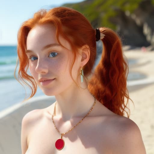  (masterpiece, best quality), 1girl, collarbone, wavy hair, looking at viewer, blurry, necklace, ponytail, freckles, red hair, sunlight, big, no clothing,,
