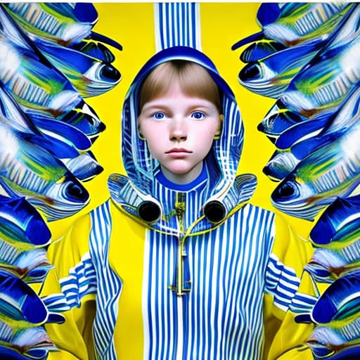  Painting of a young women in a yellow raincoat surrounded by blue and white striped robotic fishes, stable diffusion, absolute reality v1.6, perfect symmetry, photo realistic raw, in the style of bruce weber and hr giger