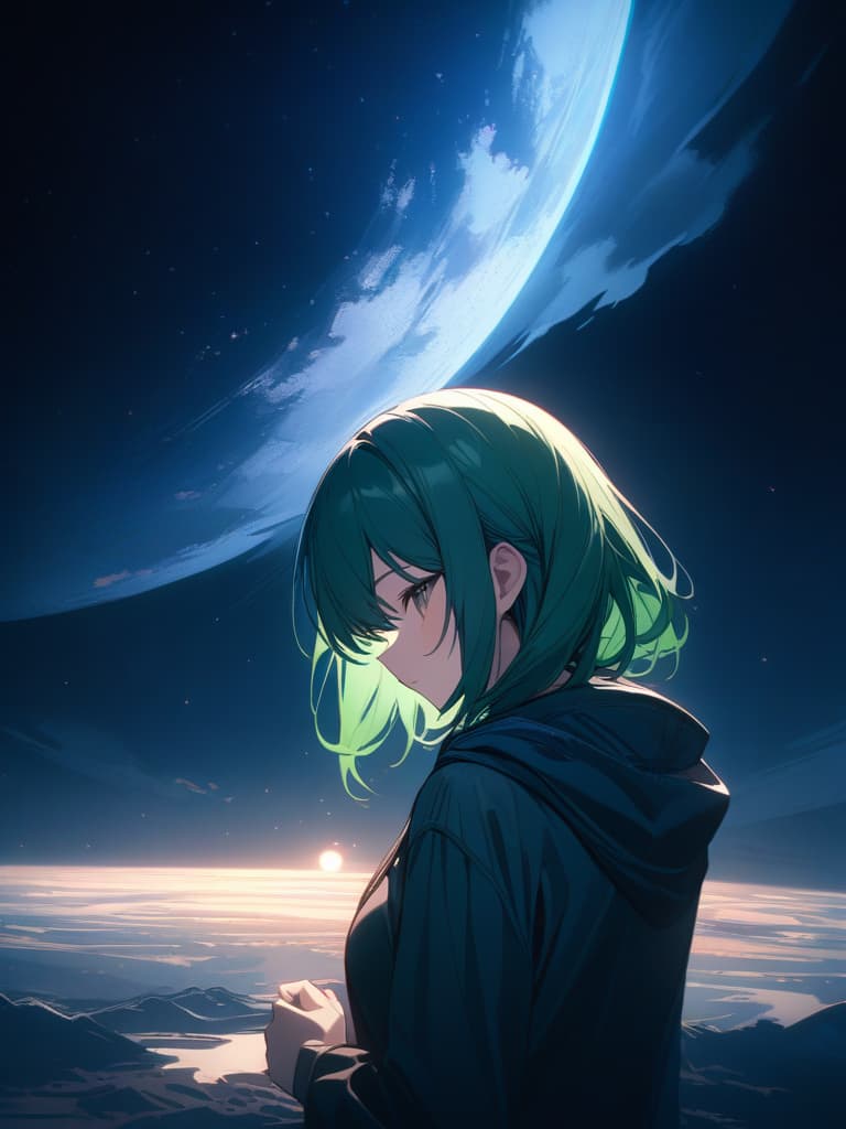  The back of the green hair character that stretches both hands on the full moon in the night sky, masterpiece, best quality,8k,ultra detailed,high resolution,an extremely delicate and beautiful,hyper detail