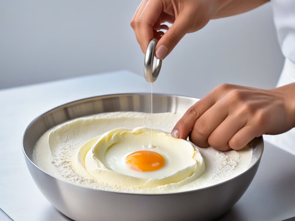  An ultradetailed closeup image of a baker's hands expertly folding a delicate mixture of flour and eggs in a sleek, modern stainless steel bowl. The hands are adorned with a simple, elegant silver ring, adding a touch of sophistication to the scene. The lighting is soft, casting a gentle glow on the precise movements of the baker's fingers as they blend the ingredients together with precision and skill. hyperrealistic, full body, detailed clothing, highly detailed, cinematic lighting, stunningly beautiful, intricate, sharp focus, f/1. 8, 85mm, (centered image composition), (professionally color graded), ((bright soft diffused light)), volumetric fog, trending on instagram, trending on tumblr, HDR 4K, 8K